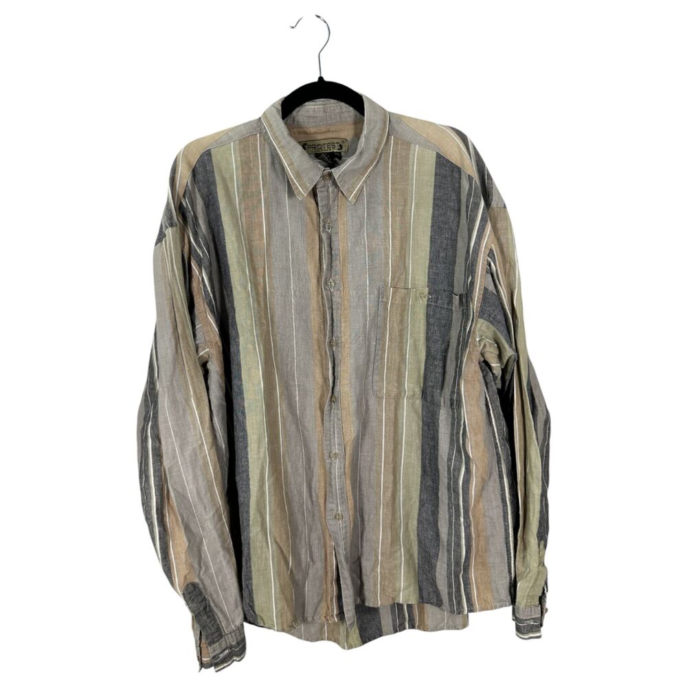 Protest Clothing GorpCore Linen Stripe Granola Neutral Long Sleeve Men's Size XL